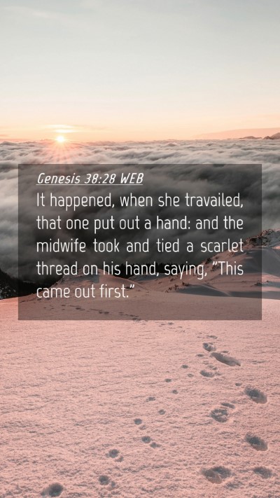 Picture 04 - Genesis 38:28 WEB Mobile Phone Wallpaper - It happened, when she travailed, that one put out - Mobile Bible Verse Wallpaper