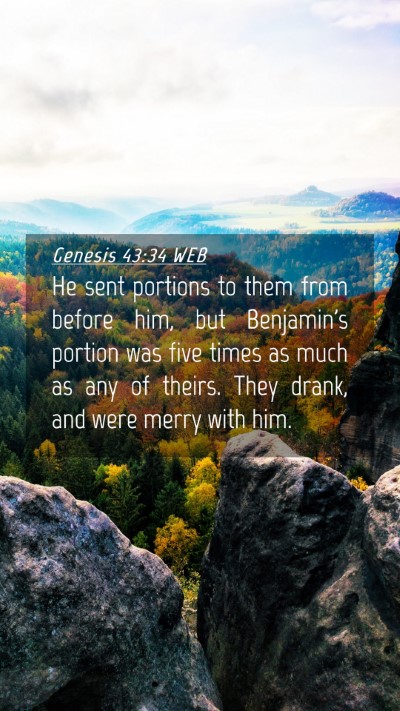 Picture 04 - Genesis 43:34 WEB Mobile Phone Wallpaper - He sent portions to them from before him, but - Mobile Bible Verse Wallpaper