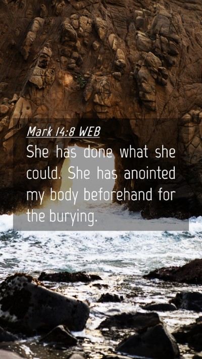 Picture 04 - Mark 14:8 WEB Mobile Phone Wallpaper - She has done what she could. She has anointed my - Mobile Bible Verse Wallpaper