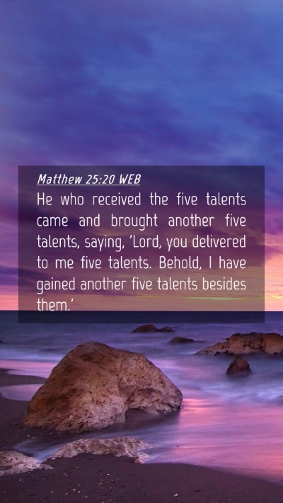 Picture 04 - Matthew 25:20 WEB Mobile Phone Wallpaper - He who received the five talents came and brought - Mobile Bible Verse Wallpaper