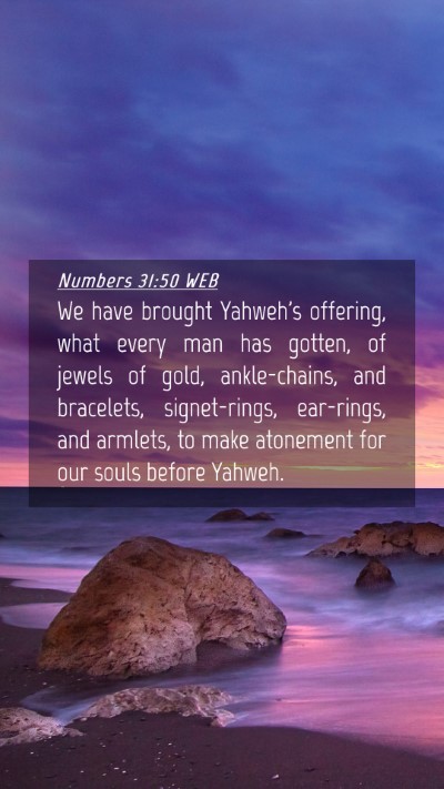 Picture 04 - Numbers 31:50 WEB Mobile Phone Wallpaper - We have brought Yahweh's offering, what every man - Mobile Bible Verse Wallpaper