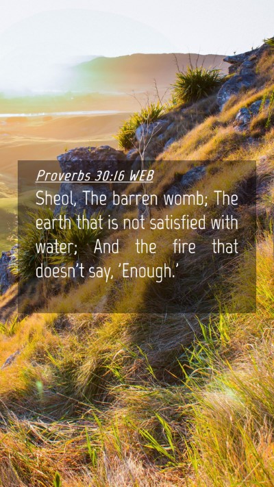 Picture 04 - Proverbs 30:16 WEB Mobile Phone Wallpaper - Sheol, The barren womb; The earth that is not - Mobile Bible Verse Wallpaper