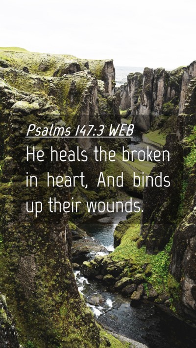 Picture 04 - Psalms 147:3 WEB Mobile Phone Wallpaper - He heals the broken in heart, And binds up their - Mobile Bible Verse Wallpaper