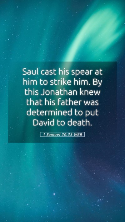 Picture 05 - 1 Samuel 20:33 WEB Mobile Phone Wallpaper - Saul cast his spear at him to strike him. By this - Mobile Bible Verse Wallpaper