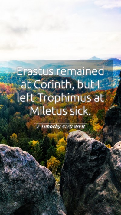 Picture 05 - 2 Timothy 4:20 WEB Mobile Phone Wallpaper - Erastus remained at Corinth, but I left Trophimus - Mobile Bible Verse Wallpaper