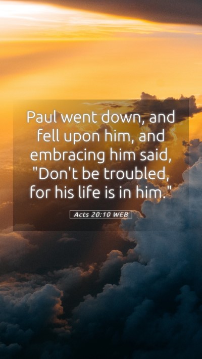 Picture 05 - Acts 20:10 WEB Mobile Phone Wallpaper - Paul went down, and fell upon him, and embracing - Mobile Bible Verse Wallpaper