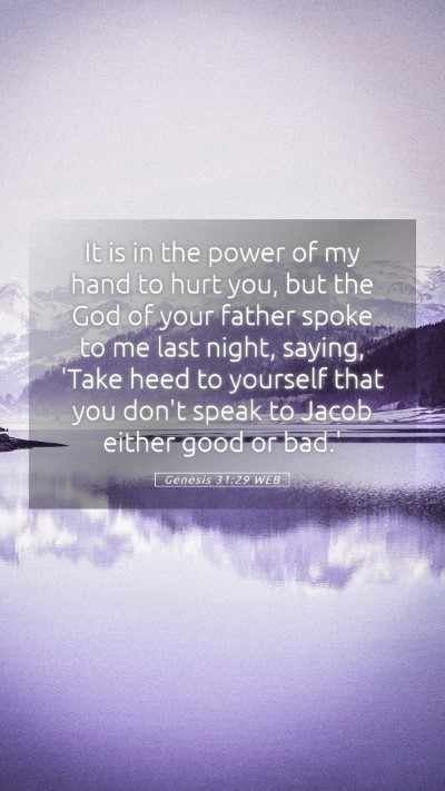 Picture 05 - Genesis 31:29 WEB Mobile Phone Wallpaper - It is in the power of my hand to hurt you, but - Mobile Bible Verse Wallpaper