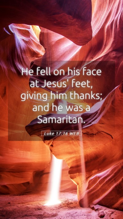 Picture 05 - Luke 17:16 WEB Mobile Phone Wallpaper - He fell on his face at Jesus' feet, giving him - Mobile Bible Verse Wallpaper