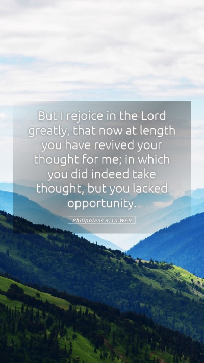 Picture 05 - Philippians 4:10 WEB Mobile Phone Wallpaper - But I rejoice in the Lord greatly, that now at - Mobile Bible Verse Wallpaper