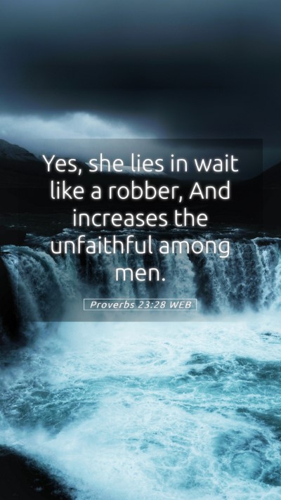 Picture 05 - Proverbs 23:28 WEB Mobile Phone Wallpaper - Yes, she lies in wait like a robber, And - Mobile Bible Verse Wallpaper