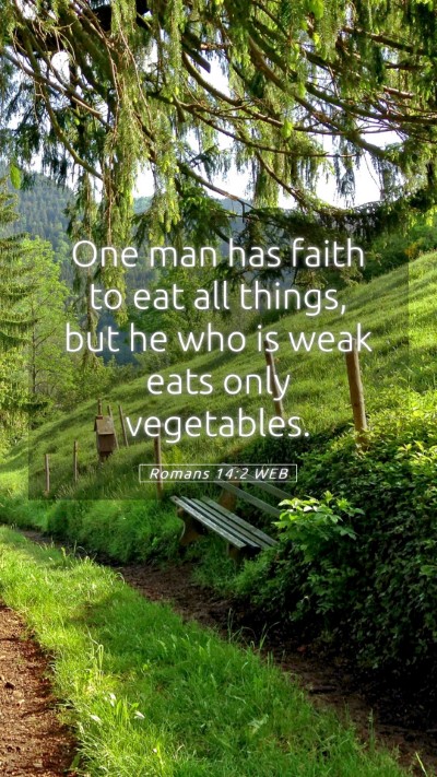 Picture 05 - Romans 14:2 WEB Mobile Phone Wallpaper - One man has faith to eat all things, but he who - Mobile Bible Verse Wallpaper