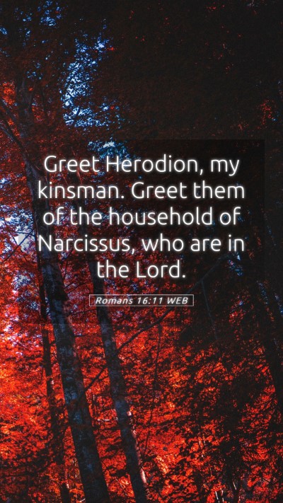Picture 05 - Romans 16:11 WEB Mobile Phone Wallpaper - Greet Herodion, my kinsman. Greet them of the - Mobile Bible Verse Wallpaper