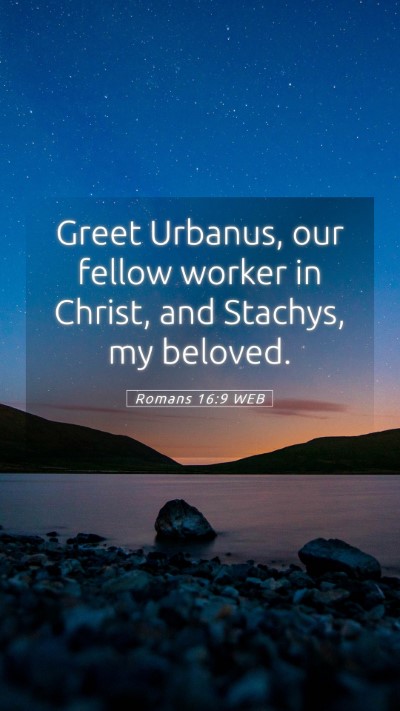 Picture 05 - Romans 16:9 WEB Mobile Phone Wallpaper - Greet Urbanus, our fellow worker in Christ, and - Mobile Bible Verse Wallpaper