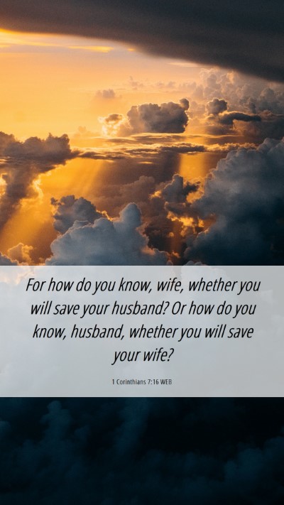 Picture 06 - 1 Corinthians 7:16 WEB Mobile Phone Wallpaper - For how do you know, wife, whether you will save - Mobile Bible Verse Wallpaper