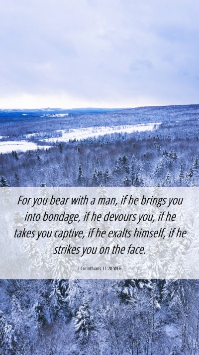 Picture 06 - 2 Corinthians 11:20 WEB Mobile Phone Wallpaper - For you bear with a man, if he brings you into - Mobile Bible Verse Wallpaper