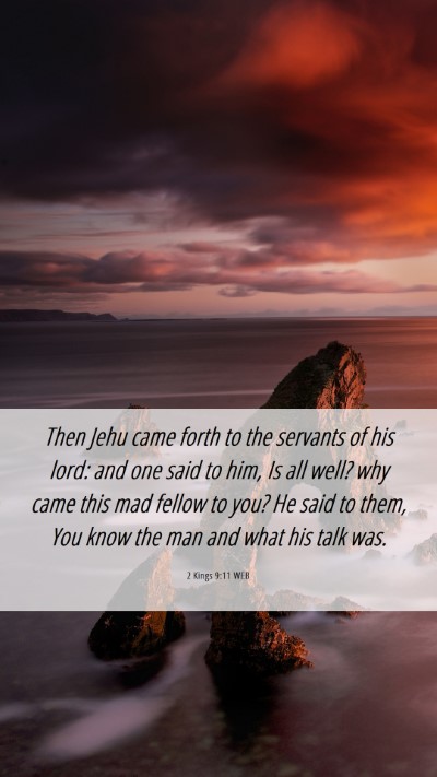 Picture 06 - 2 Kings 9:11 WEB Mobile Phone Wallpaper - Then Jehu came forth to the servants of his lord: - Mobile Bible Verse Wallpaper