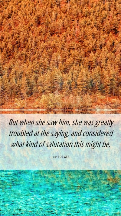 Picture 06 - Luke 1:29 WEB Mobile Phone Wallpaper - But when she saw him, she was greatly troubled at - Mobile Bible Verse Wallpaper