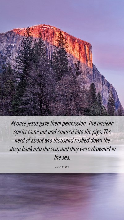 Picture 06 - Mark 5:13 WEB Mobile Phone Wallpaper - At once Jesus gave them permission. The unclean - Mobile Bible Verse Wallpaper