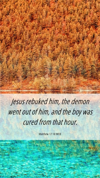 Picture 06 - Matthew 17:18 WEB Mobile Phone Wallpaper - Jesus rebuked him, the demon went out of him, and - Mobile Bible Verse Wallpaper