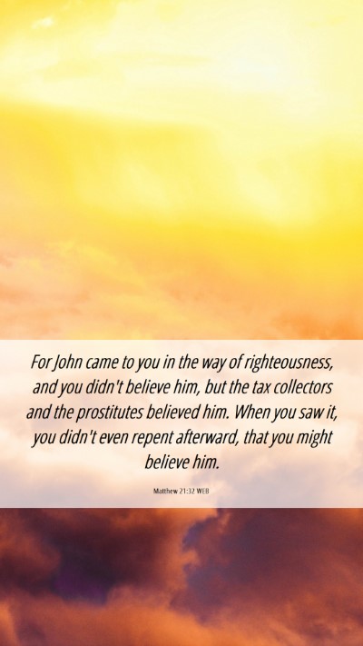 Picture 06 - Matthew 21:32 WEB Mobile Phone Wallpaper - For John came to you in the way of righteousness, - Mobile Bible Verse Wallpaper