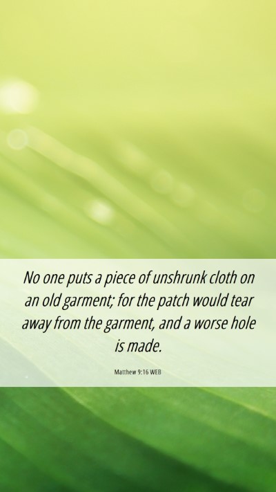 Picture 06 - Matthew 9:16 WEB Mobile Phone Wallpaper - No one puts a piece of unshrunk cloth on an old - Mobile Bible Verse Wallpaper