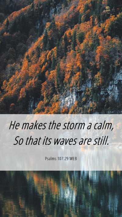 Picture 06 - Psalms 107:29 WEB Mobile Phone Wallpaper - He makes the storm a calm, So that its waves are - Mobile Bible Verse Wallpaper
