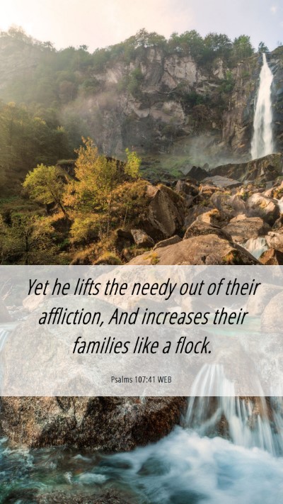 Picture 06 - Psalms 107:41 WEB Mobile Phone Wallpaper - Yet he lifts the needy out of their affliction, - Mobile Bible Verse Wallpaper