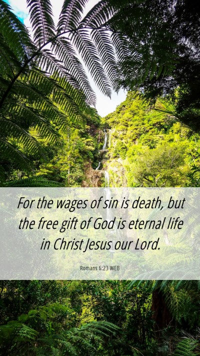 Picture 06 - Romans 6:23 WEB Mobile Phone Wallpaper - For the wages of sin is death, but the free gift - Mobile Bible Verse Wallpaper