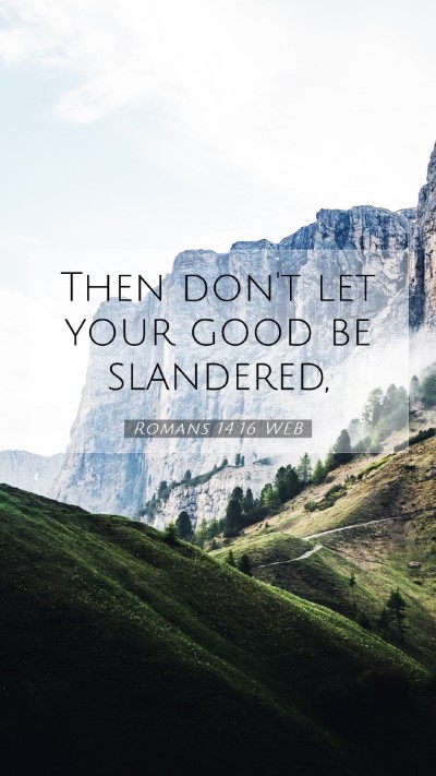 Picture 07 - Romans 14:16 WEB Mobile Phone Wallpaper - Then don't let your good be - Mobile Bible Verse Wallpaper