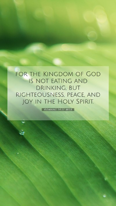 Picture 07 - Romans 14:17 WEB Mobile Phone Wallpaper - for the Kingdom of God is not eating and - Mobile Bible Verse Wallpaper
