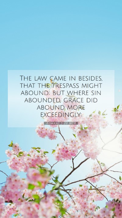 Picture 07 - Romans 5:20 WEB Mobile Phone Wallpaper - The law came in besides, that the trespass might - Mobile Bible Verse Wallpaper